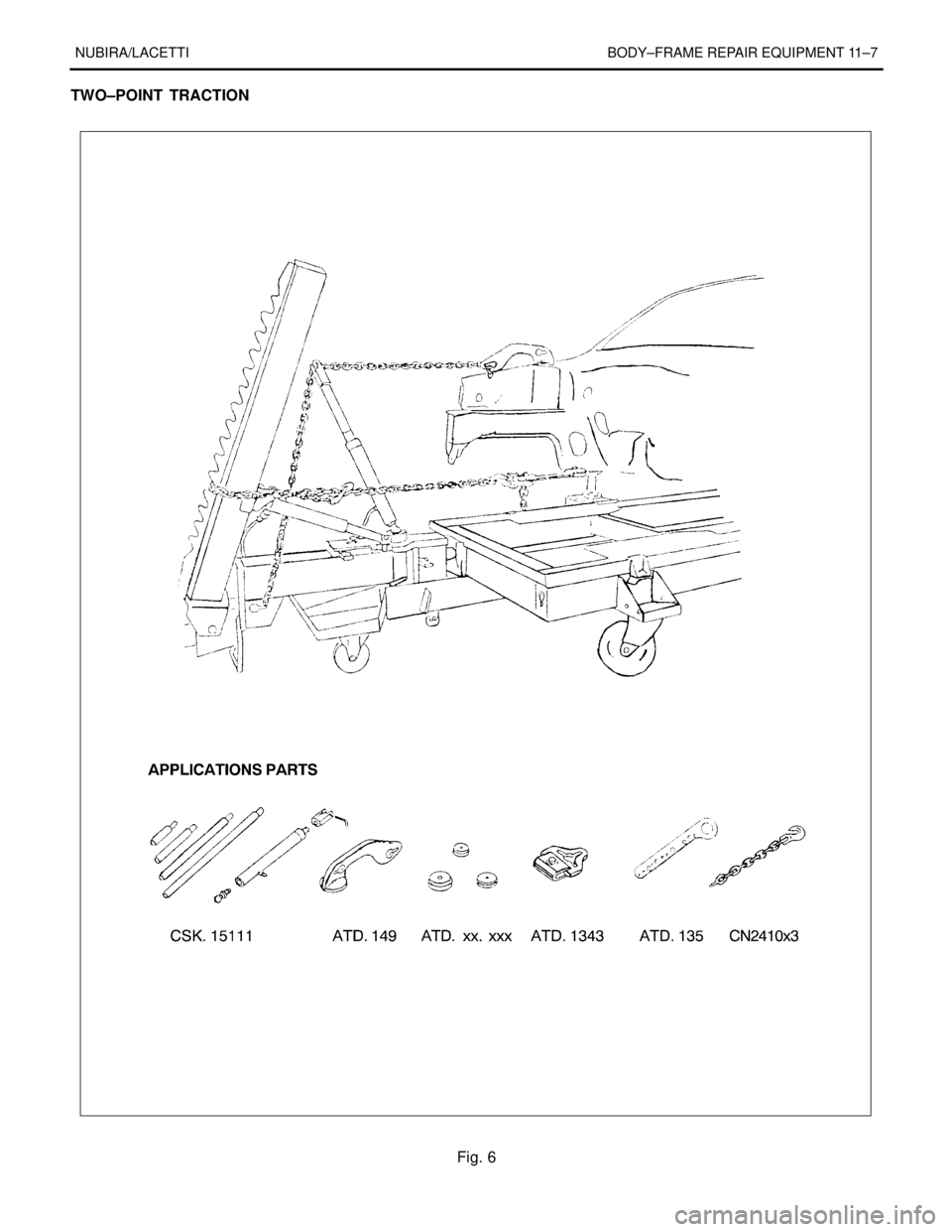DAEWOO LACETTI 2004  Service Repair Manual NUBIRA/LACETTI BODY–FRAME REPAIR EQUIPMENT 11–7
TWO–POINT  TRACTION
Fig. 6 