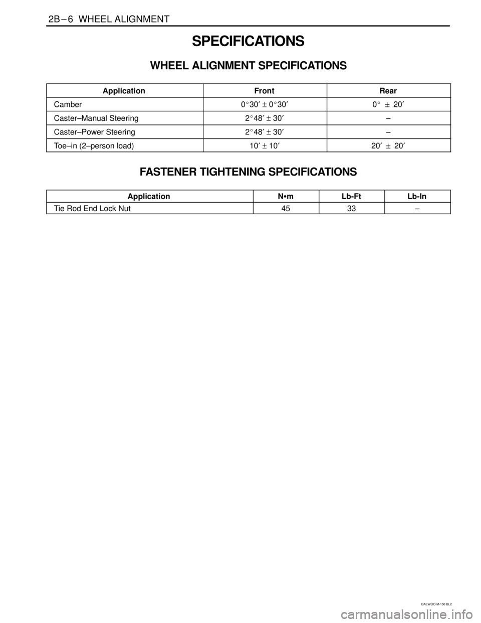 DAEWOO MATIZ 2003  Service Repair Manual 2B–6  WHEEL ALIGNMENT
DAEWOO M-150 BL2
SPECIFICATIONS
WHEEL ALIGNMENT SPECIFICATIONS
�������������� �
������������� ��������������Application
������������ �
����������� ������������Front
�����������