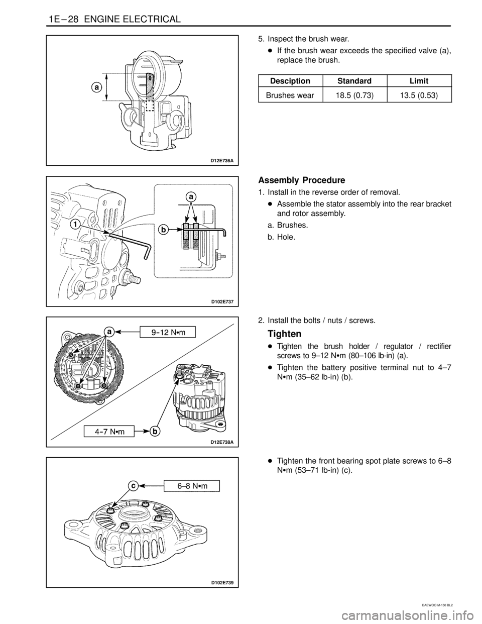 DAEWOO MATIZ 2003  Service Repair Manual 1E–28  ENGINE ELECTRICAL
DAEWOO M-150 BL2
D12E736A
5. Inspect the brush wear.
If the brush wear exceeds the specified valve (a),
replace the brush.
DesciptionStandardLimit
Brushes wear18.5 (0.73)13