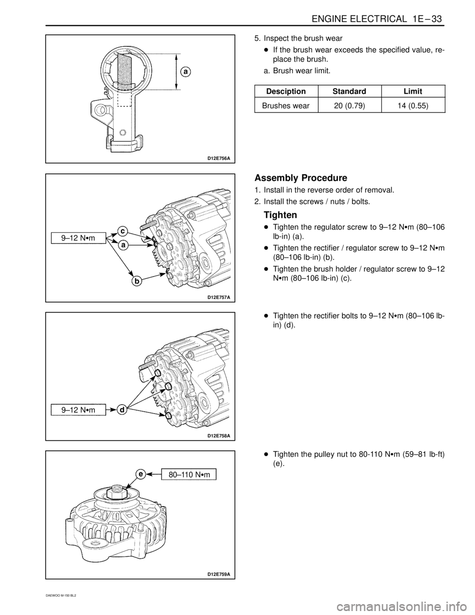 DAEWOO MATIZ 2003  Service Repair Manual ENGINE ELECTRICAL  1E–33
DAEWOO M-150 BL2
D12E756A
5. Inspect the brush wear
If the brush wear exceeds the specified value, re-
place the brush.
a. Brush wear limit.
DesciptionStandardLimit
Brushes