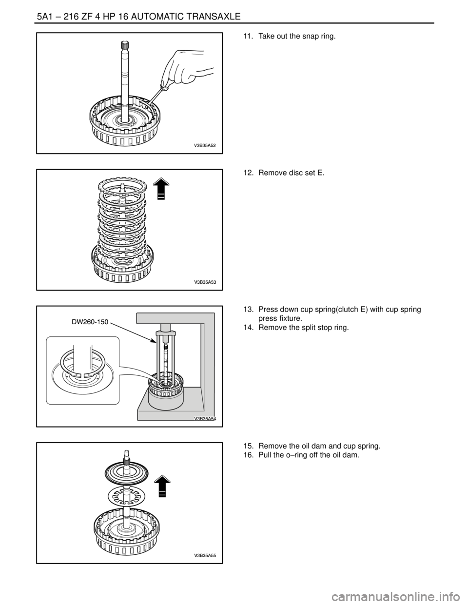 DAEWOO NUBIRA 2004  Service Repair Manual 5A1 – 216IZF 4 HP 16 AUTOMATIC TRANSAXLE
DAEWOO V–121 BL4
11.  Take out the snap ring.
12.  Remove disc set E.
13.  Press down cup spring(clutch E) with cup spring
press fixture.
14.  Remove the s