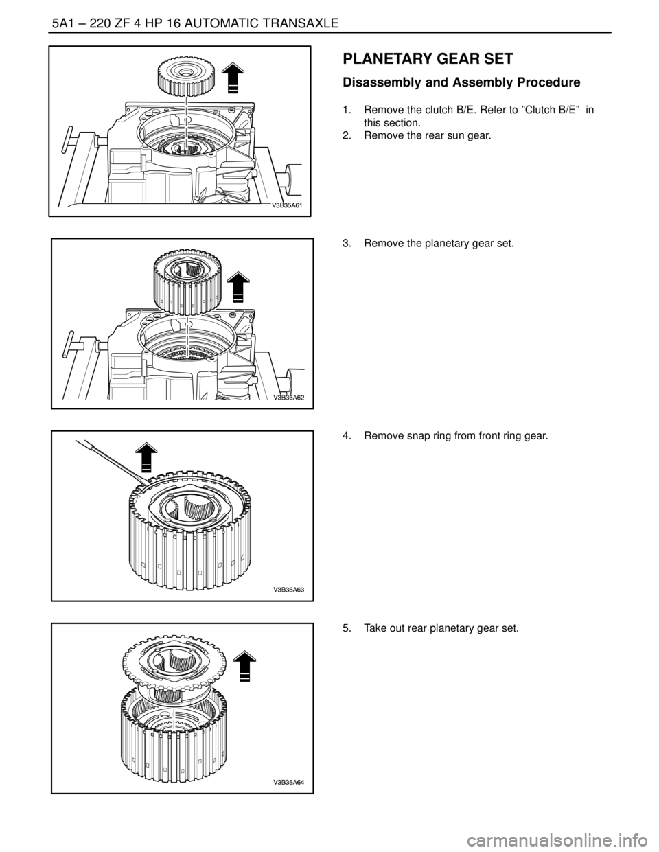 DAEWOO NUBIRA 2004  Service Repair Manual 5A1 – 220IZF 4 HP 16 AUTOMATIC TRANSAXLE
DAEWOO V–121 BL4
PLANETARY GEAR SET
Disassembly and Assembly Procedure
1.  Remove the clutch B/E. Refer to ”Clutch B/E”  in
this section.
2.  Remove th