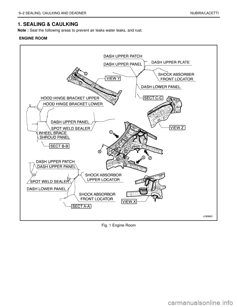 DAEWOO NUBIRA 2004  Service Repair Manual 9–2 SEALING, CAULKING AND DEADNER NUBIRA/LACETTI
1. SEALING & CAULKING
Note : Seal the following areas to prevent air leaks water leaks, and rust.
ENGINE ROOM.
Fig. 1 Engine Room 