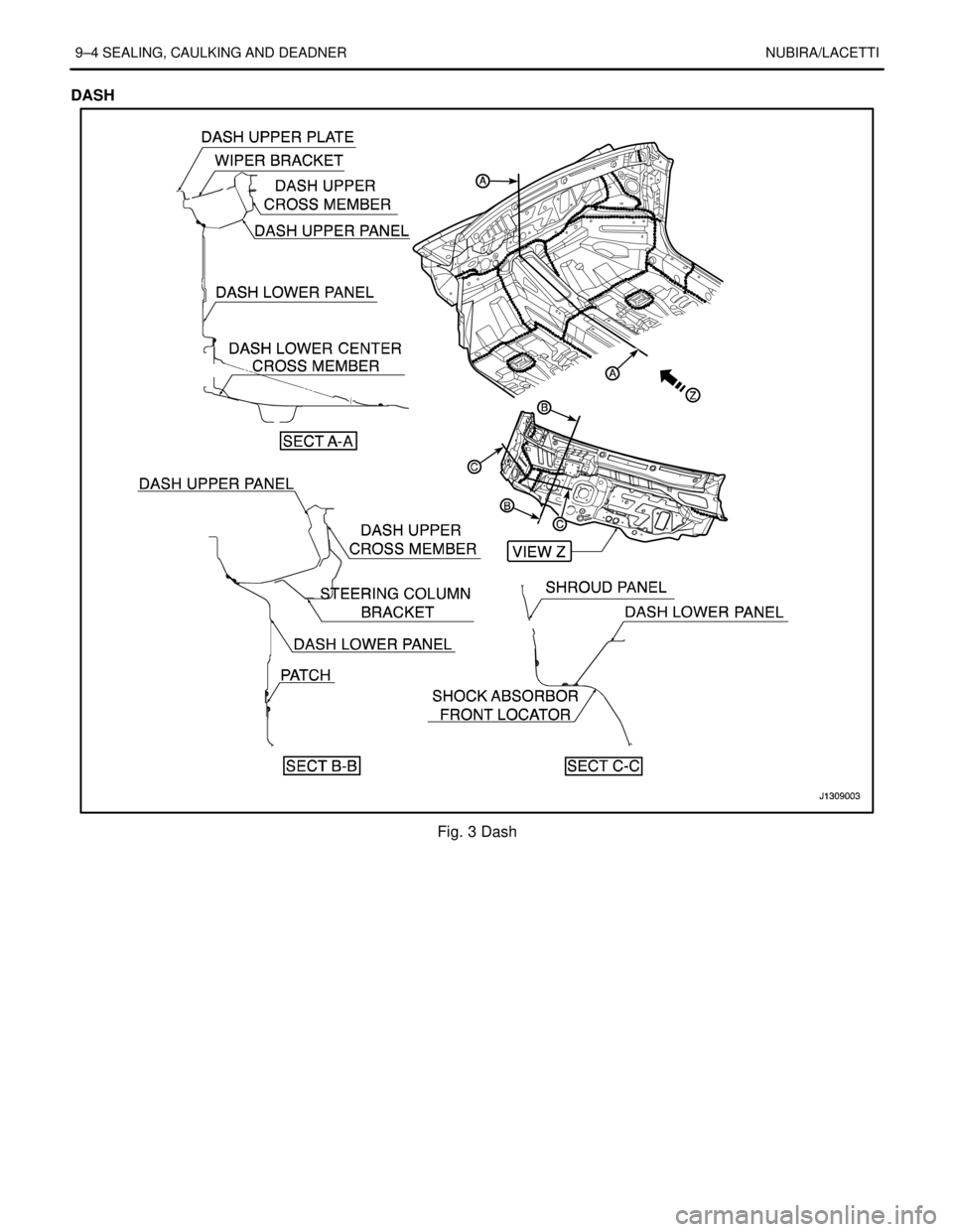 DAEWOO NUBIRA 2004  Service Repair Manual 9–4 SEALING, CAULKING AND DEADNER NUBIRA/LACETTI
DASH
Fig. 3 Dash 
