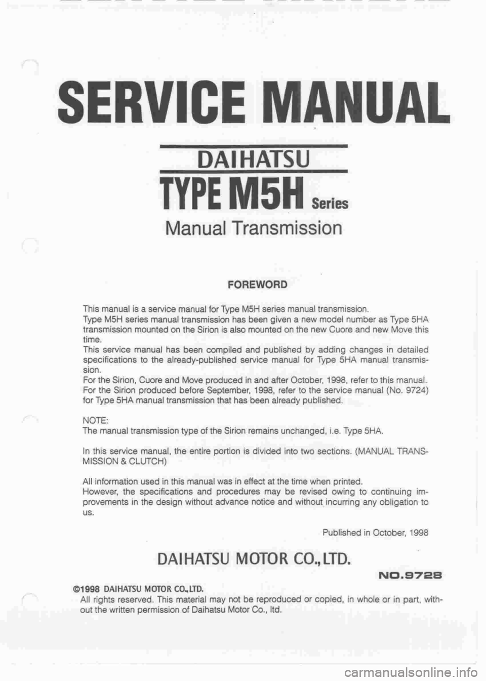 DAIHATSU CUORE 1998  Service Repair Manual 