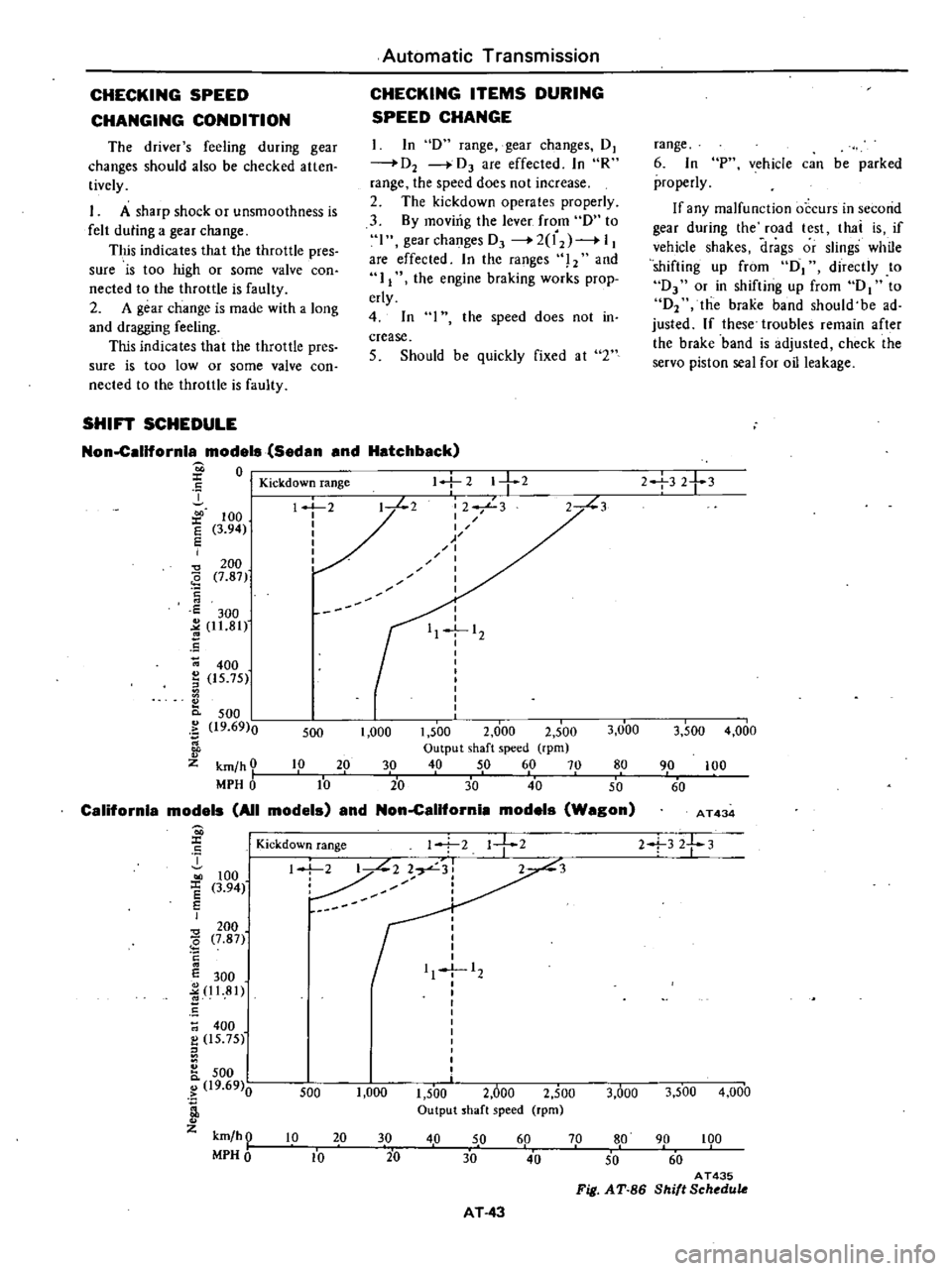 DATSUN 210 1979  Service Manual 
CHECKING 
SPEED

CHANGING 
CONDITION

The

driver 
s

feeling 
during 
gear

changes 
should 
also 
be 
checked

atten

lively

J 
A

sharp 
shock 
or

unsrnoothness 
is

felt

duting 
a

gear 
chang