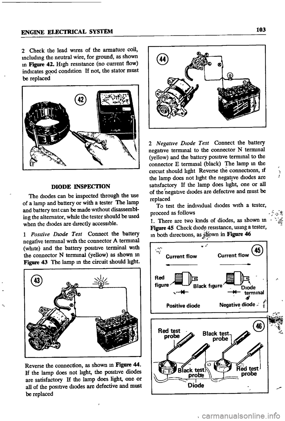 DATSUN 510 1968  Service Repair Manual 
ENGINE 
ELECTRICAL

SYSTEM

103

2 
Check 
the 
lead

Wires 
of 
the 
armature 
coil

Includmg 
the

neutral 
wire

for

ground 
as 
shown

In

Figure 
42

HIgh 
reSIStance 
no 
current 
flow

indica