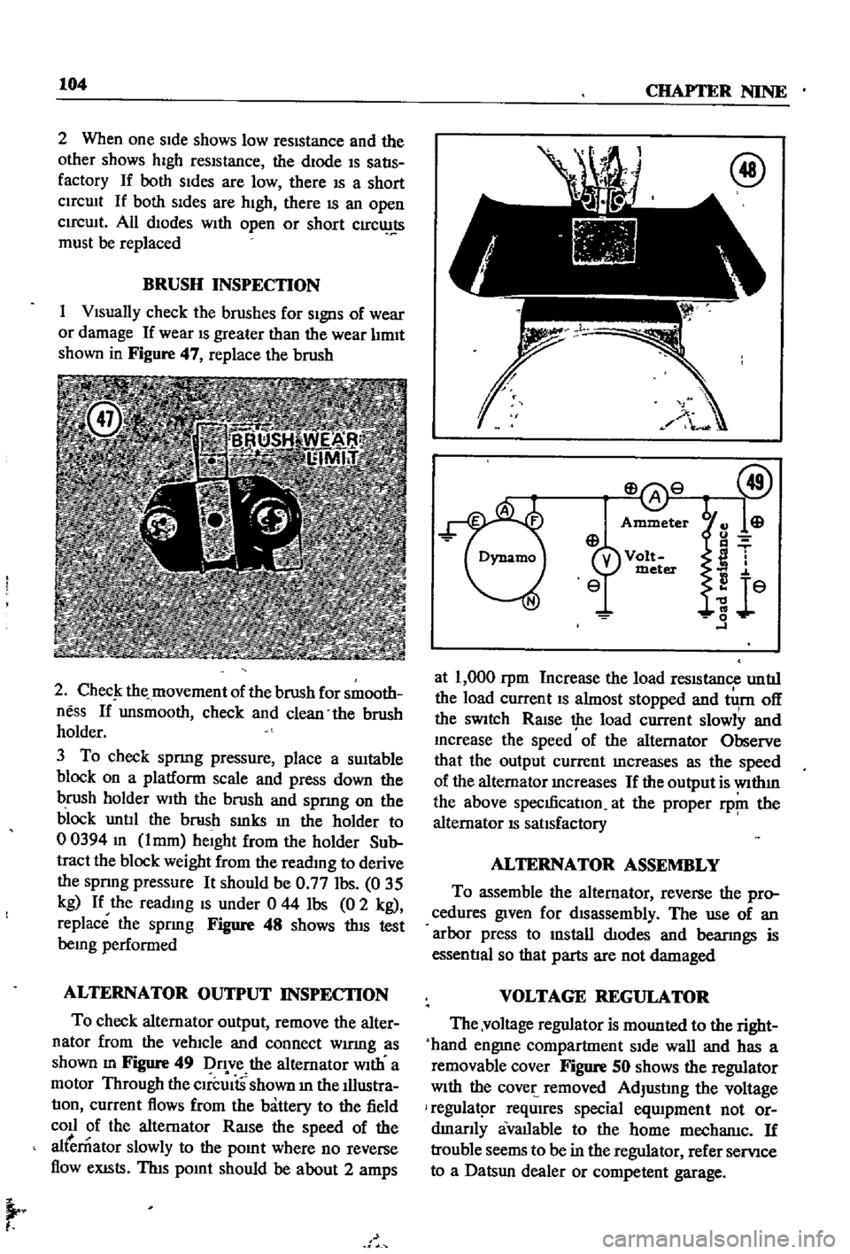 DATSUN 510 1968  Service Repair Manual 
104

CHAPTER

NINE

2 
When

one 
sIde 
shows 
low 
resIstance

and 
the

other 
shows

high 
resIstance 
the

dIode 
IS 
satls

factory 
If 
both 
sIdes 
are 
low

there 
IS 
a 
short

CIrCUIt 
If 

