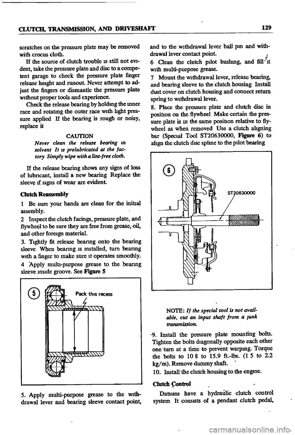 DATSUN 510 1968  Service Repair Manual 
CLUTCH 
TRANSMISSION 
AND 
DRIVESHAFI 
129

scratches 
on 
the

pressure 
plate 
may 
be

removed

with

crocus 
cloth

If 
the 
source 
of 
clutch 
trouble 
IS 
still 
not 
evl

dent 
take 
the

pre