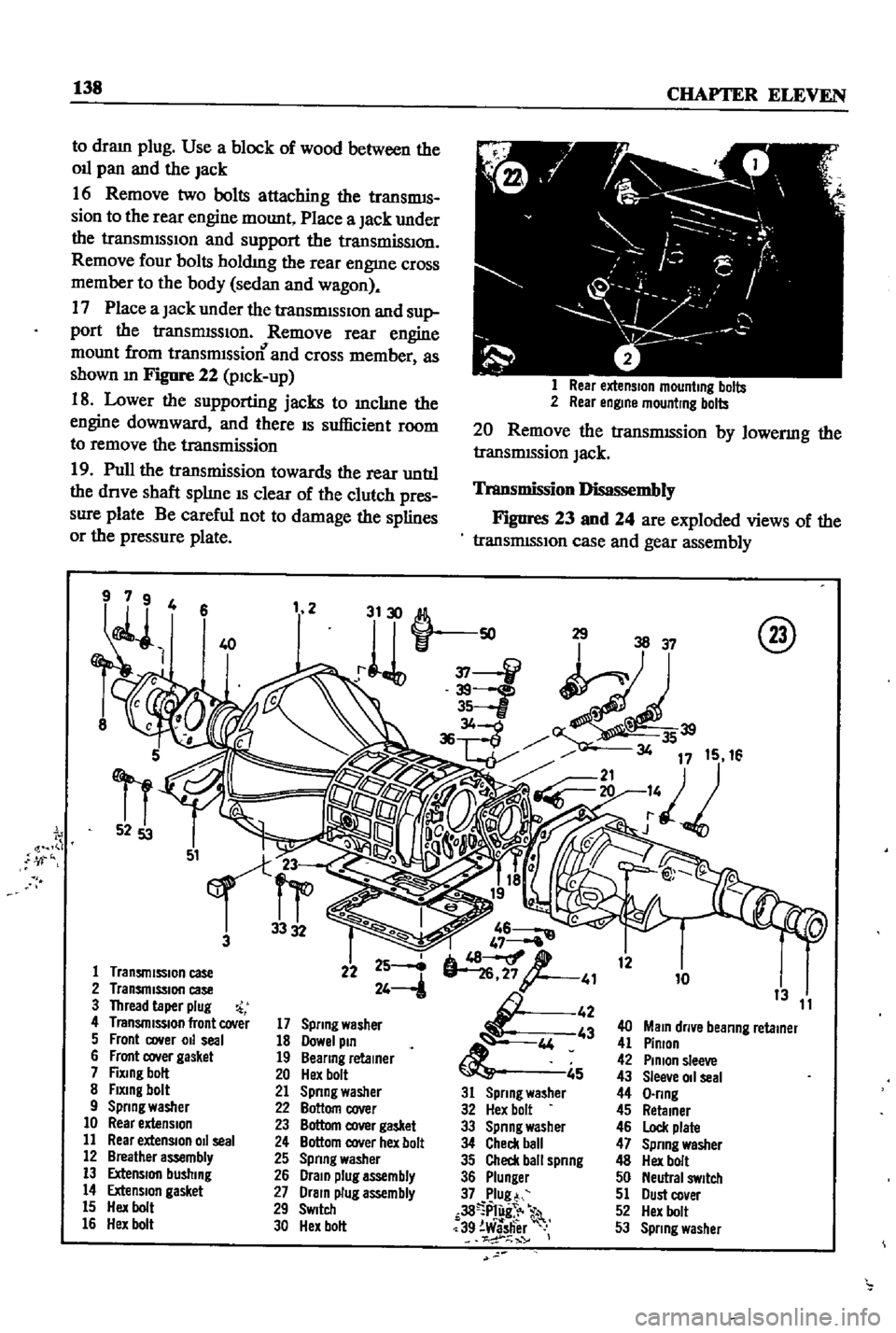 DATSUN 510 1968  Service Repair Manual 
138 
CHAFfER 
ELEVEN

to 
dram

plug 
Use 
a

block 
of 
wood 
between 
the

011

pan 
and 
the

Jack

16 
Remove 
two 
bolts

attaching 
the 
transmIS

sion 
to 
the 
rear

engine 
mount 
Place 
a

