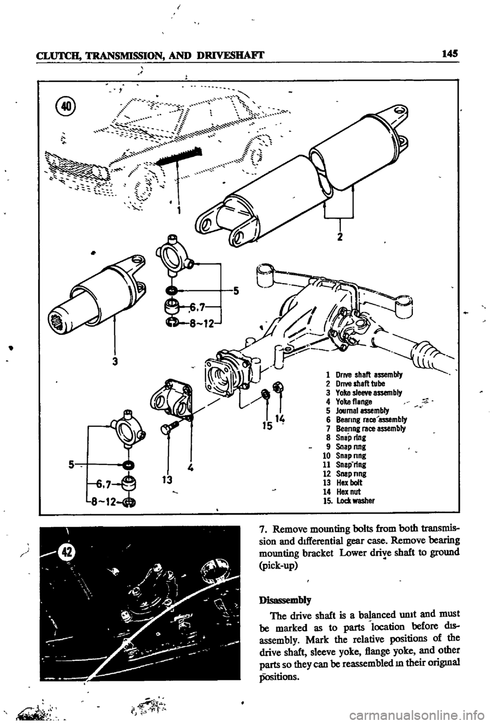 DATSUN 510 1968  Service Repair Manual 
CLUTCH

TRANSMISSION 
AND

DRIVESIIAFT

145

r

@

l

S

St

P

t 
ii

t

1

1

1

0

8 
12

3

5

8 
12 
13

i

f

p 
1 
2

5

7

Remove

mounting 
bolts 
from 
both 
transmis

sion 
and

dllIerenti