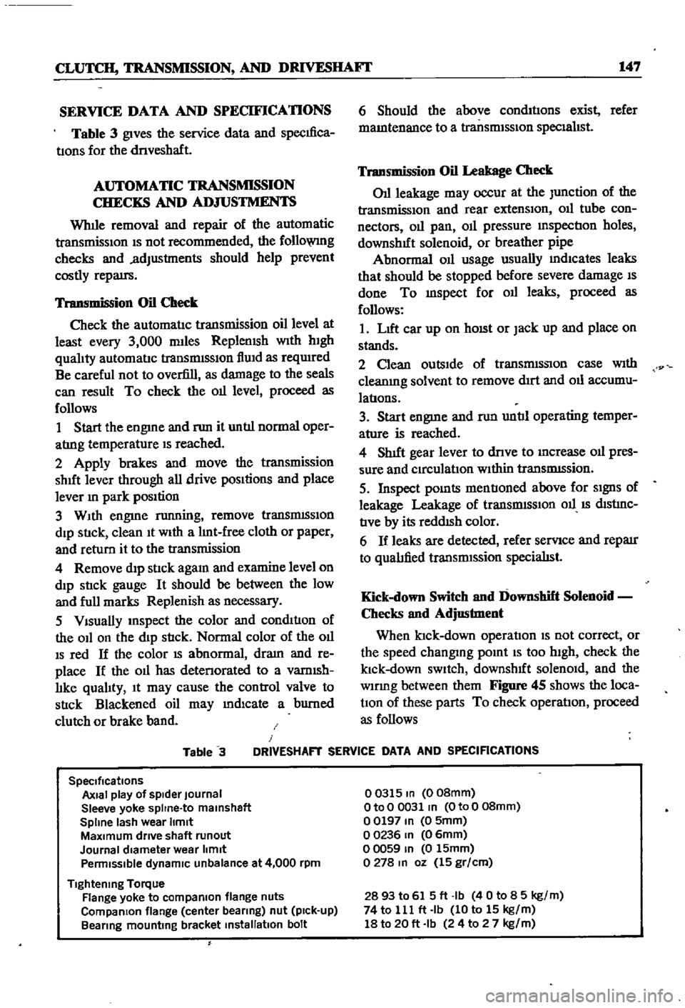 DATSUN 510 1968  Service Repair Manual 
CLUTCH 
TRANSMISSION 
AND 
DRIVESHAFI 
147

SERVICE 
DATA 
AND 
SPECIFICATIONS

Table 
3

gives 
the 
service 
data 
and

specIfica

tIons 
for 
the

dnveshaft

AUTOMATIC 
TRANSMISSION

CHECKS 
AND 

