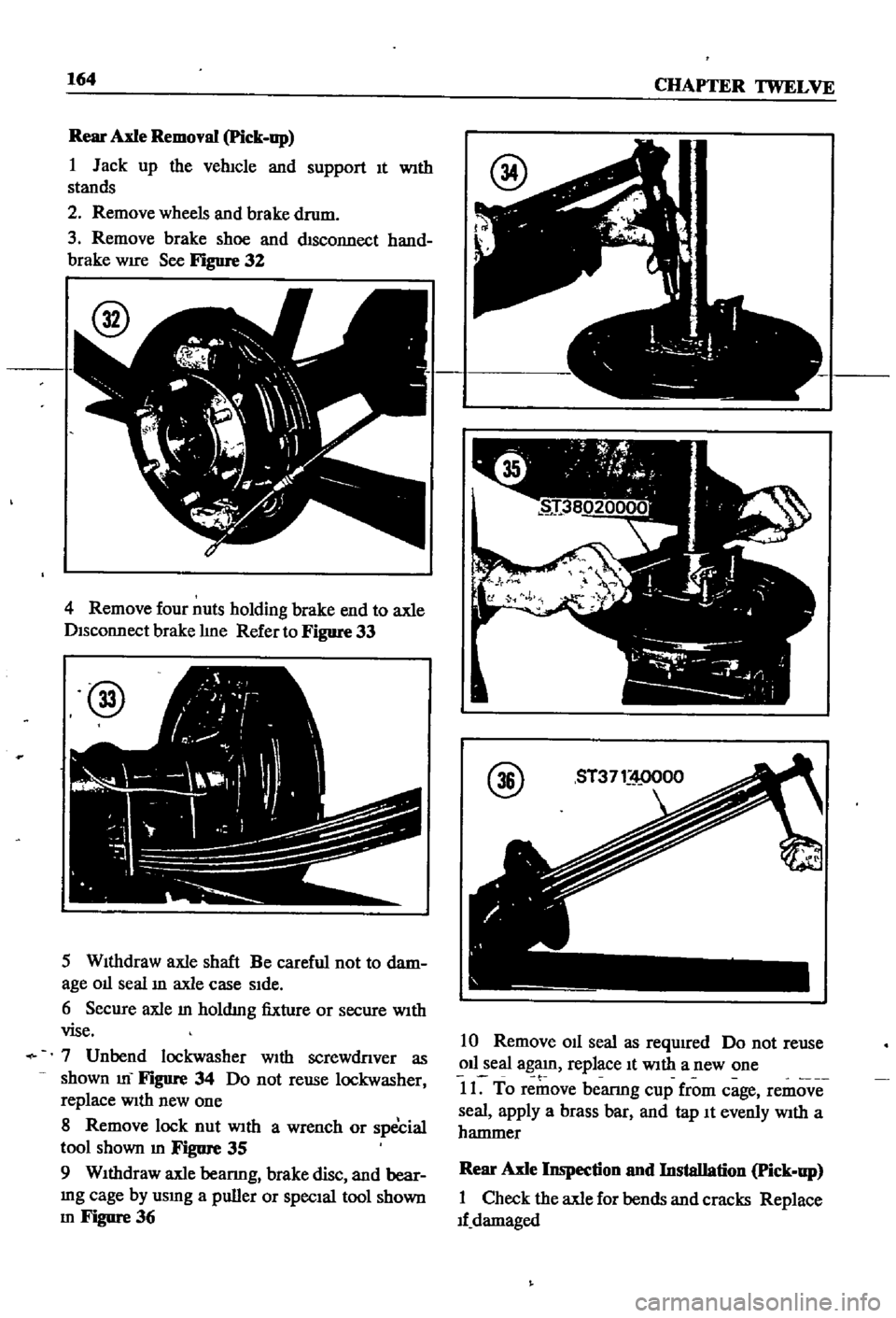 DATSUN 510 1968  Service Repair Manual 
164

CHAPTER

TWELVE

Rear 
Axle 
Removal

Pick

up

1 
Jack

up 
the 
vehicle 
and

support 
It 
With

stands

2 
Remove 
wheels

and 
brake 
drum

3 
Remove 
brake 
shoe

and 
chsconnect 
hand

bra