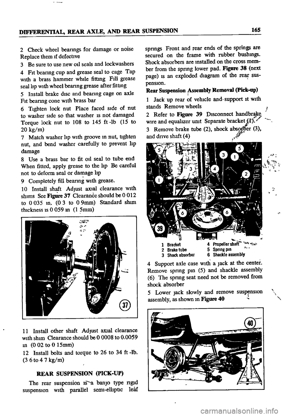 DATSUN 510 1968  Service Repair Manual 
DIFFERENTIAL 
REAR

AXLE 
AND 
REAR 
SUSPENSION

165

2 
Check

wheel

bearmgs 
for

damage 
or 
noise

Replace 
them 
If 
defective

3 
Be

sure 
to 
use 
new 
011

seals 
and 
lockwashers

4 
FIt

