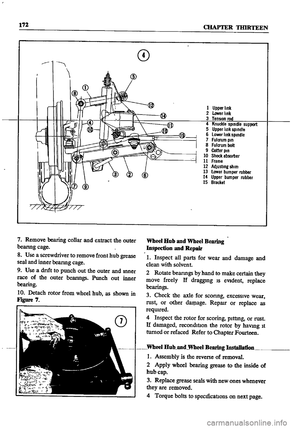 DATSUN 510 1968  Service Repair Manual 
17 
CHAPTER 
THIRTEEN

CD

7 
Remove

bearing 
collar 
and 
extract 
the 
outer

beanng 
cage

8 
Use 
a 
screwdriver 
to 
remove 
front 
hub

grease

seal 
and 
imIer

bearmg 
cage

9 
Use 
a 
dnft 