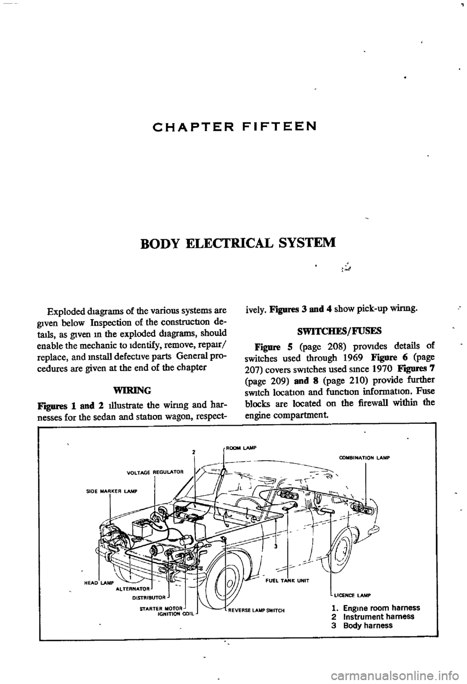 DATSUN 510 1968  Service Repair Manual 
CHAPTER 
FIFTEEN

BODY

ELECTRICAL 
SYSTEM

Exploded 
diagrams 
of

the 
various

systems 
are

given 
below

Inspection 
of 
the 
constructIon 
de

tails

as

given 
m 
the

exploded 
diagrams 
shou