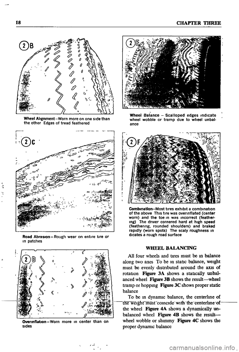 DATSUN 510 1968  Service Repair Manual 
18

CHAP1
lER 
THlREE

c

c

c

ce

J

1

Ii

j

Wheel

Alignment 
Worn 
more 
on 
one 
sIde 
than

the 
other

Edges 
of 
tread 
feathered

r

I

0c 
l

Road 
Abrasion

Rough 
wear 
on 
entire 
tire