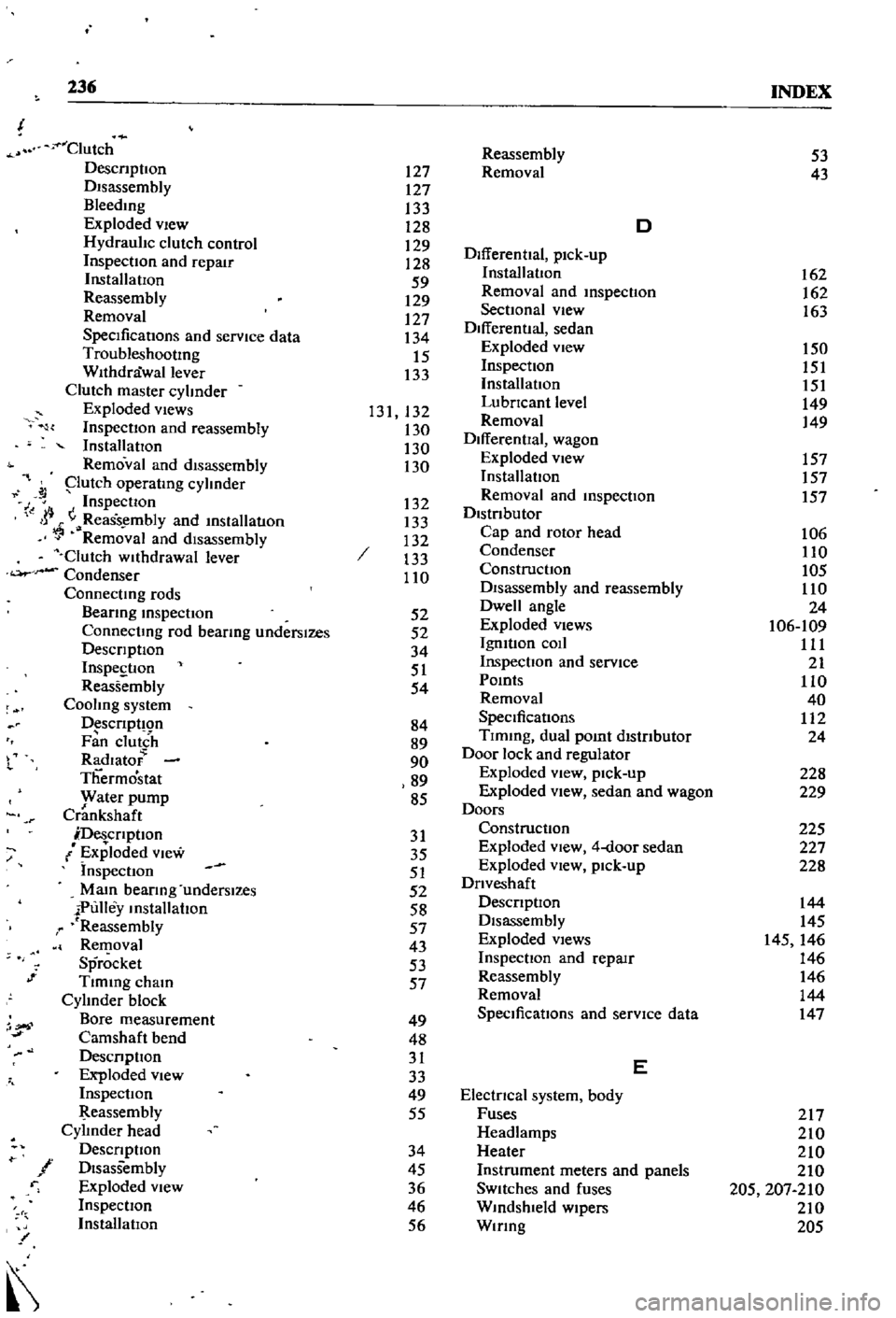 DATSUN 510 1968 Service Repair Manual
236
INDEX
Clutch
DescnptIon
DIsassembly
Bleedmg
Exploded
vIew
Hydraulic
clutch
control
InspectIOn
and
repair
InstallatIOn
Reassembly
Removal
SpecificatIons
and
service
data
Troub DATSUN 510 1968 Service Repair Manual
236
INDEX
Clutch
DescnptIon
DIsassembly
Bleedmg
Exploded
vIew
Hydraulic
clutch
control
InspectIOn
and
repair
InstallatIOn
Reassembly
Removal
SpecificatIons
and
service
data
Troub