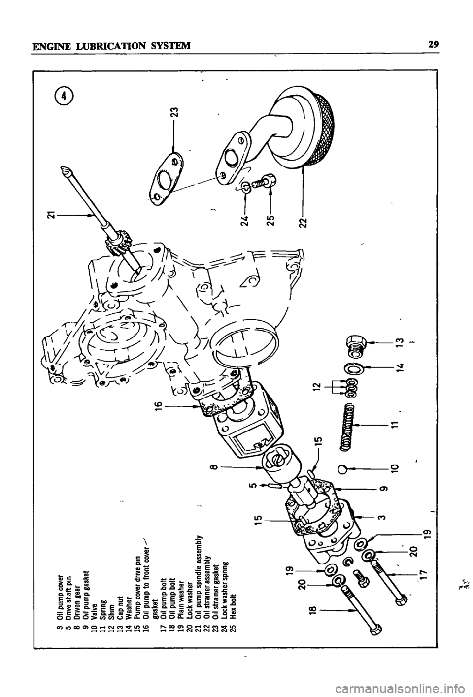 DATSUN 510 1968  Service Repair Manual 
21 
G

3
011 
pum
p
cover

5
Drive
shaft 
pin

8
Driven 
gear

9
011 
pump
gasket

10
Valve

11
Spring

12
Shim

13
Cap
nut

14
Washer

15
Pump 
cover
drive 
pin

16
011 
pump
to
front 
cover

gasket
