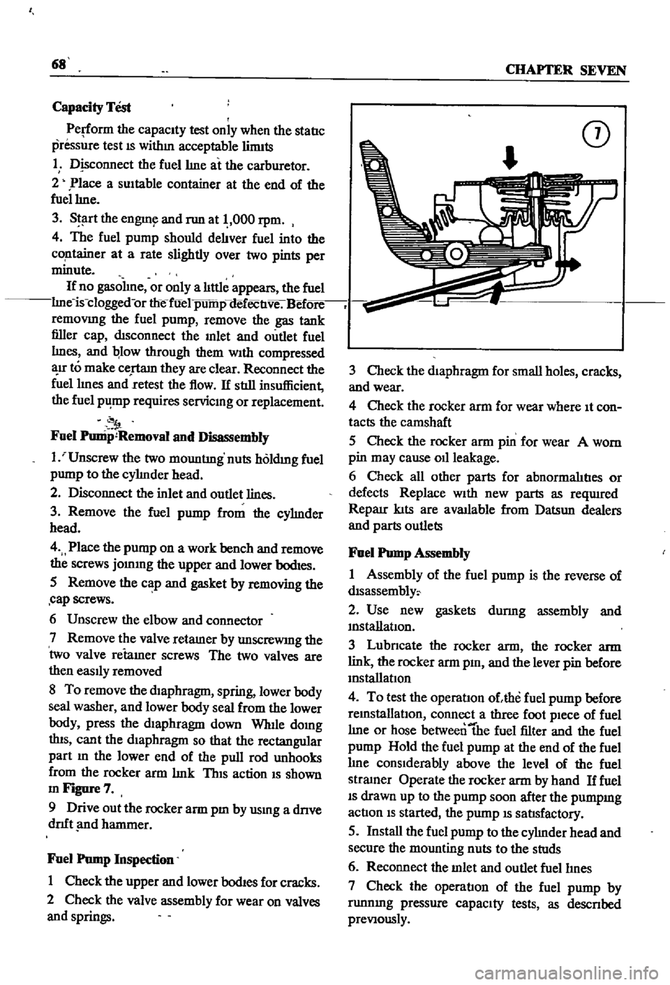 DATSUN 510 1968  Service Repair Manual 
68 
CHAPTER 
SEVEN

Capacity 
Test

Perform 
the

capacity 
test

only 
when 
the 
statIc

pressiue 
test 
IS 
withm

acceptable 
lirmts

1

D
sconnect 
the 
fuellme

at 
the 
carburetor

2 
Place 
a