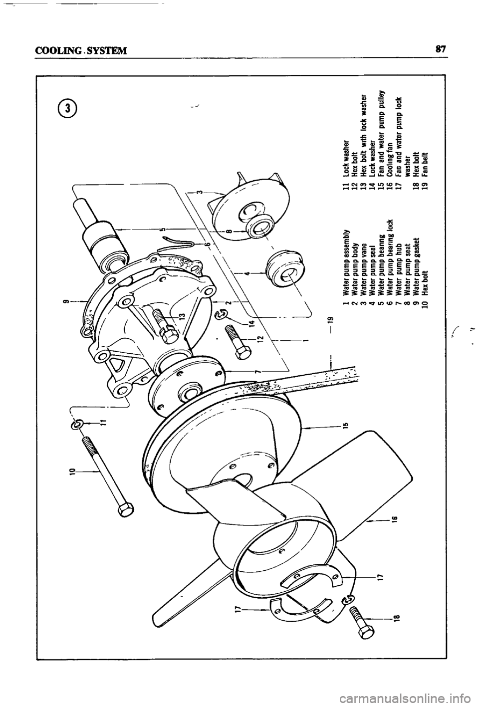 DATSUN 510 1968  Service Repair Manual 
10
9
8
n 
o 
o

19 
1
Water 
pump
assembly
11
lock
washer

2
Water 
pump
body
12
Hex
bolt

3
Water 
pump
ane
13
Hex
bolt
With
lock
washer

4
Water 
pump
seal
14
loc
l
washer

17 
6
5
Water 
pump
bean