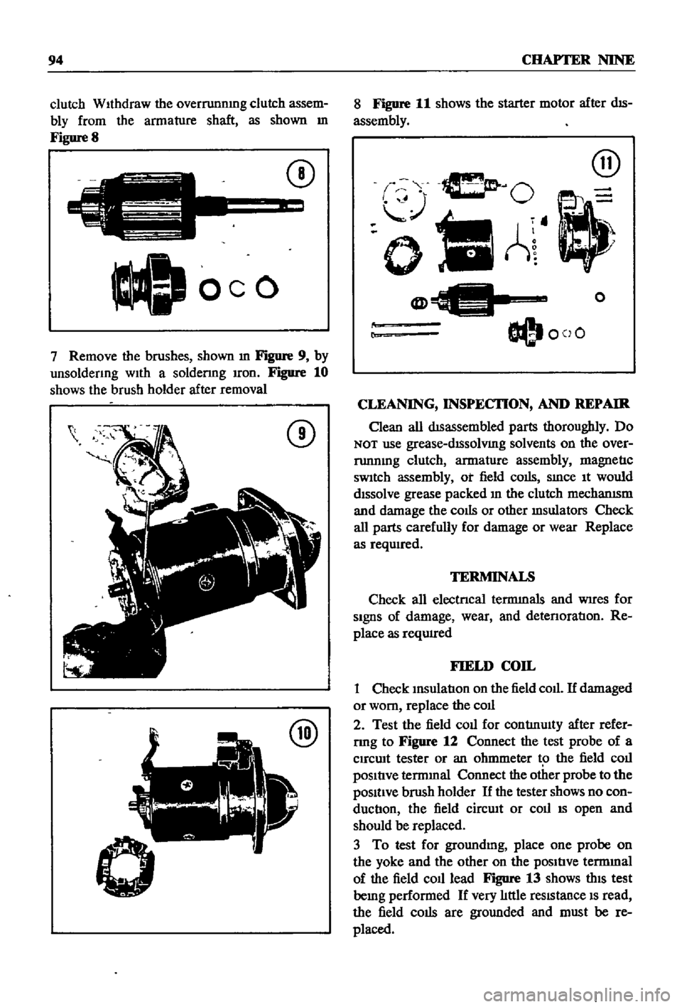DATSUN 510 1968 Service Repair Manual
94
CHAPTER
NINE
clutch
WIthdraw
the
overrunnmg
clutch
assem
bly
from
the
armature
shaft
as
shown
m
Figure
8
C
J
oeo
CD
7
Remove
the
brushes
shown
m
Figure
9
by
unsolden DATSUN 510 1968 Service Repair Manual
94
CHAPTER
NINE
clutch
WIthdraw
the
overrunnmg
clutch
assem
bly
from
the
armature
shaft
as
shown
m
Figure
8
C
J
oeo
CD
7
Remove
the
brushes
shown
m
Figure
9
by
unsolden