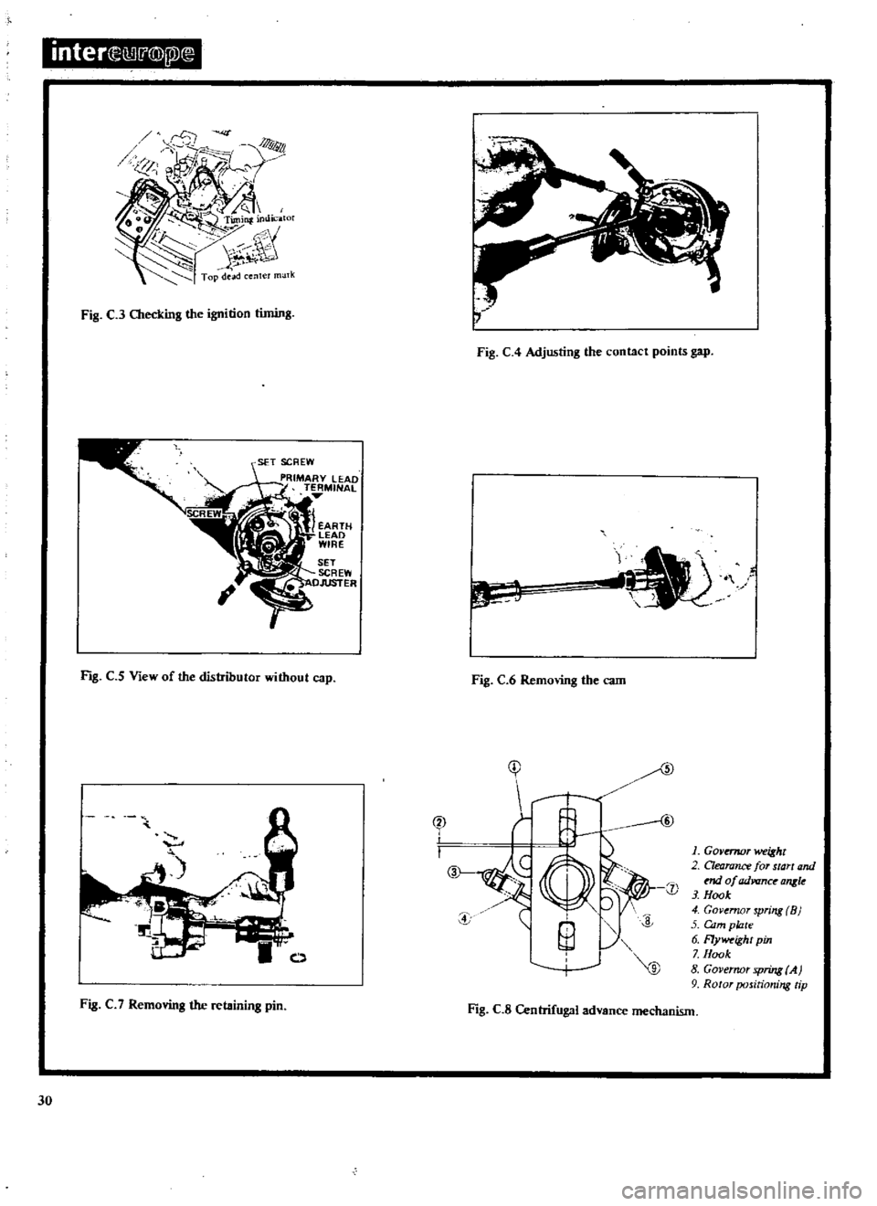 DATSUN 510 1969  Service Repair Manual 
inter 
i
D 
j

@
2l

Fig 
C 
3 
Checking 
the

ignition 
timing

J 
EARTH

LEAD

WIRE

SET

SCREW

OAmER

Fig 
C
5 
View 
of 
the 
distributor 
without

cap

Fig 
C 
7

Removing 
the

retaining 
pin
