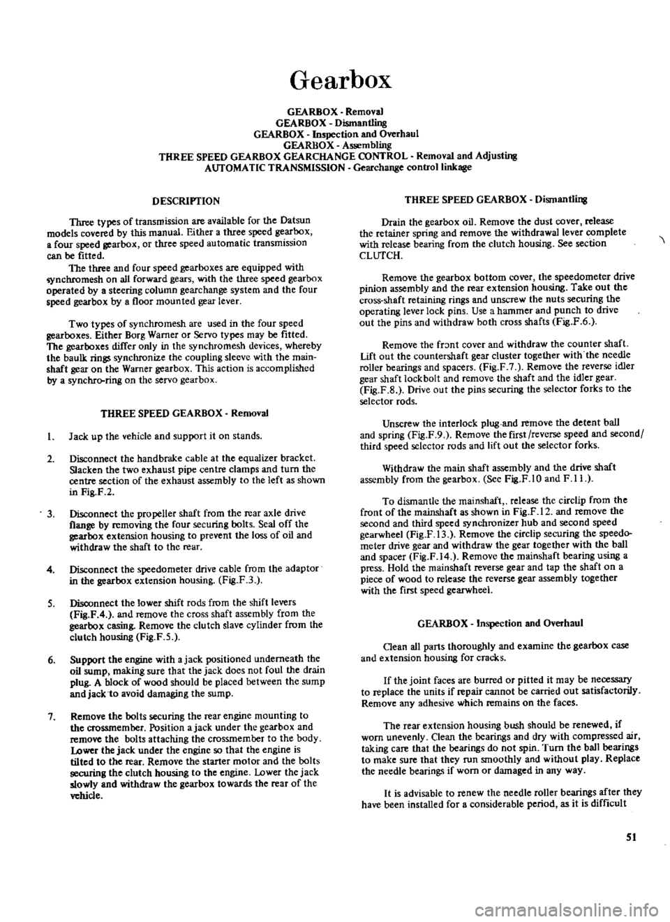 DATSUN 510 1969 Service Repair Manual
Gearbox
GEARBOX
Removal
GEARBOX
Dismantling
GEARBOX
Inspection
and
Overhaul
GEARBOX
Assembling
THREE
SPEED
GEARBOX
GEARCHANGE
CONTROL
Removal
and
Adjusting
AUTOMATIC
TRANSMISSION
DATSUN 510 1969 Service Repair Manual
Gearbox
GEARBOX
Removal
GEARBOX
Dismantling
GEARBOX
Inspection
and
Overhaul
GEARBOX
Assembling
THREE
SPEED
GEARBOX
GEARCHANGE
CONTROL
Removal
and
Adjusting
AUTOMATIC
TRANSMISSION