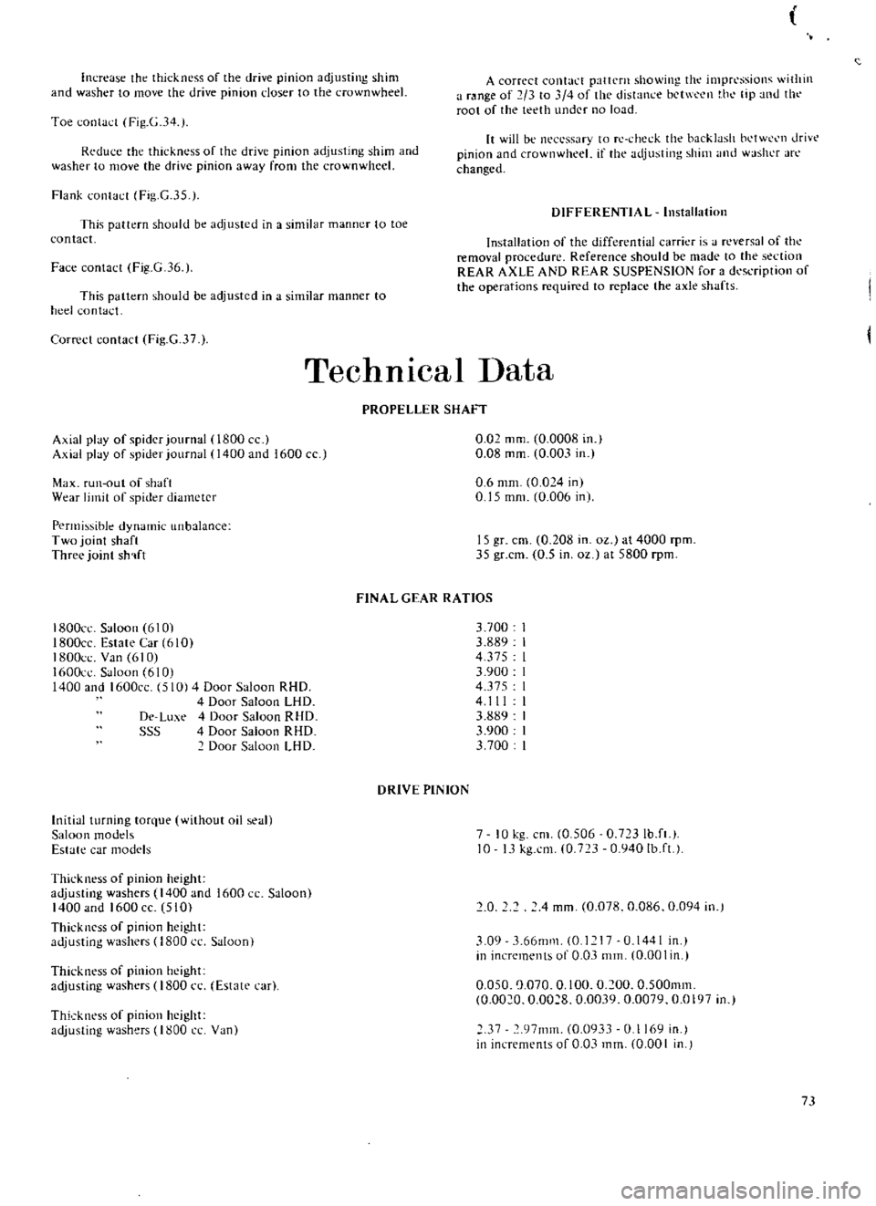 DATSUN 510 1969 Service Repair Manual
increase
the
thickness
of
the
drive
pinion
adjusting
shim
and
washer
to
move
the
drive
pinion
closer
to
the
crown
wheel
A
correct
contact
pattern
showing
the
impressioll
i DATSUN 510 1969 Service Repair Manual
increase
the
thickness
of
the
drive
pinion
adjusting
shim
and
washer
to
move
the
drive
pinion
closer
to
the
crown
wheel
A
correct
contact
pattern
showing
the
impressioll
i