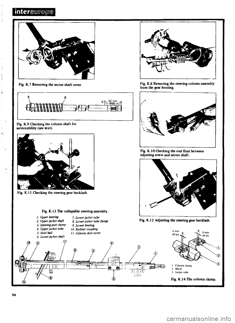 DATSUN 510 1969  Service Repair Manual 
inter
r 
u

If@fjV

Ftg 
K 
7

Removing 
the 
sector

shaft 
cover 
Fig 
K 
8

Removing 
the

steering 
column

assembly

from 
the

gear 
housing

mtl 
fOJf 
ch 
mm

1

9685 
in

f

1

l
Fig 
K 
9

