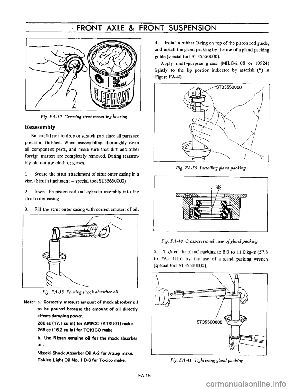 DATSUN B110 1973  Service Repair Manual 
FRONT 
AXLE

FRONT 
SUSPENSION

I

f

f

ij

Reassembly 
Fig 
FA 
37

Greasing 
strut

mounting 
bearing

Be

careful 
not 
to

drop 
or 
scratch

part 
since 
all

parts 
are

precision 
finished 
W