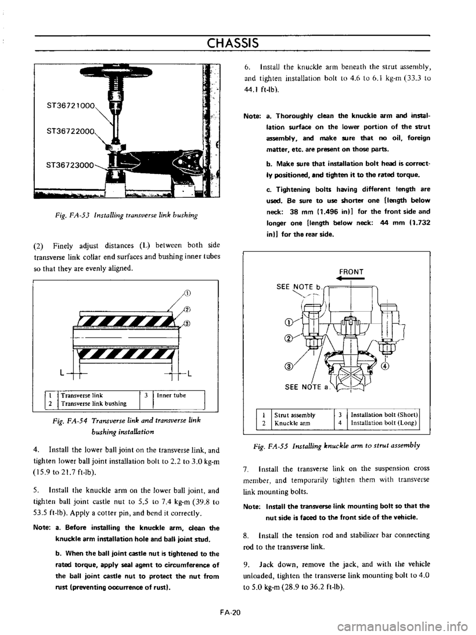 DATSUN B110 1973 Service Repair Manual
CHASSIS
ST36721000
ST36722000
I
ST36723000
r
Fig
FA
53
Installing
transverse
link
bushing
2
Finely
adjust
distances
L
between
both
side
transverse
link
collar
end
surfaces
a DATSUN B110 1973 Service Repair Manual
CHASSIS
ST36721000
ST36722000
I
ST36723000
r
Fig
FA
53
Installing
transverse
link
bushing
2
Finely
adjust
distances
L
between
both
side
transverse
link
collar
end
surfaces
a