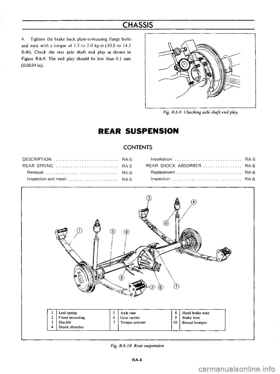 DATSUN B110 1973  Service Repair Manual 
CHASSIS

4

Tighten 
he 
brake

back

plate 
to

housing 
nunge 
bults

and

nuts 
with

a

torque 
of 
1 
5 
to 
2 
0

kg 
m 
10 
8

to 
145

ft

Ibl 
Check 
the 
rear

axle 
shaft 
end

playas 
sho