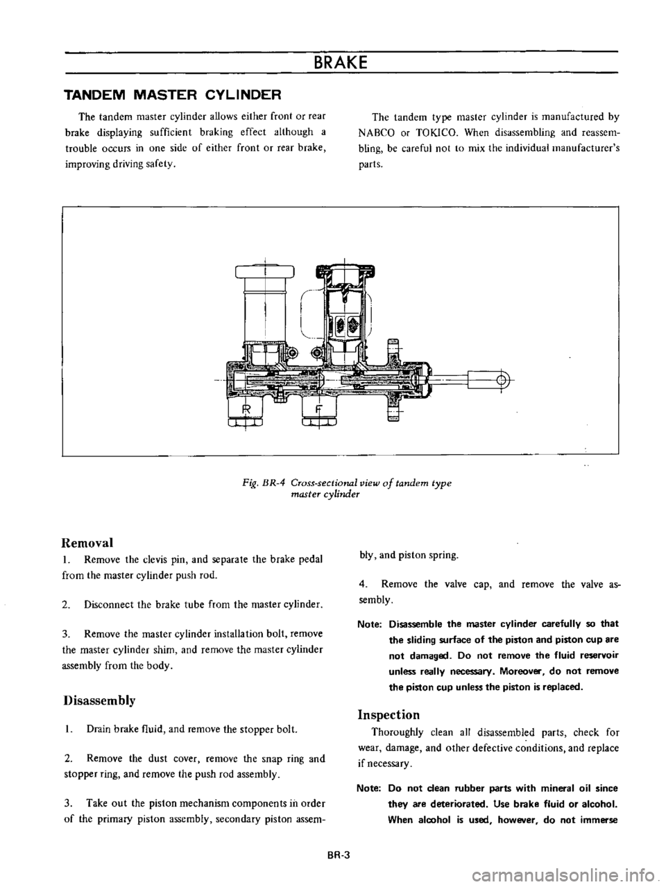 DATSUN B110 1973  Service Repair Manual 
BRAKE

TANDEM 
MASTER 
CYLINDER

The

tandem 
master

cylinder 
allows 
either 
front 
or 
rear

brake

displaying 
sufficient

braking 
effect

although 
a

trouble 
occurs 
in 
one 
side 
of 
eithe