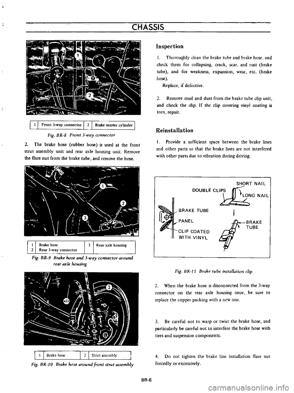 DATSUN B110 1973 Service Repair Manual
CHASSIS
1
I
Front
3
way
connector
I
2
I
Brake
master
cylinder
I
Fig
BR
8
Front
3
way
connector
2
The
brake
hose
rubber
hose
is
used
at
the
front
strut
assembly
unit DATSUN B110 1973 Service Repair Manual
CHASSIS
1
I
Front
3
way
connector
I
2
I
Brake
master
cylinder
I
Fig
BR
8
Front
3
way
connector
2
The
brake
hose
rubber
hose
is
used
at
the
front
strut
assembly
unit