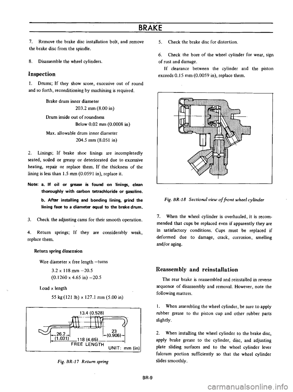 DATSUN B110 1973 Service Repair Manual
7
Remove
the
brake
disc
installation
bolt
and
remove
the
brake
disc
from
the
spindle
8
Disassemble
the
wheel
cylinders
Inspection
l
Drums
If
they
show
score
excessive
out DATSUN B110 1973 Service Repair Manual
7
Remove
the
brake
disc
installation
bolt
and
remove
the
brake
disc
from
the
spindle
8
Disassemble
the
wheel
cylinders
Inspection
l
Drums
If
they
show
score
excessive
out