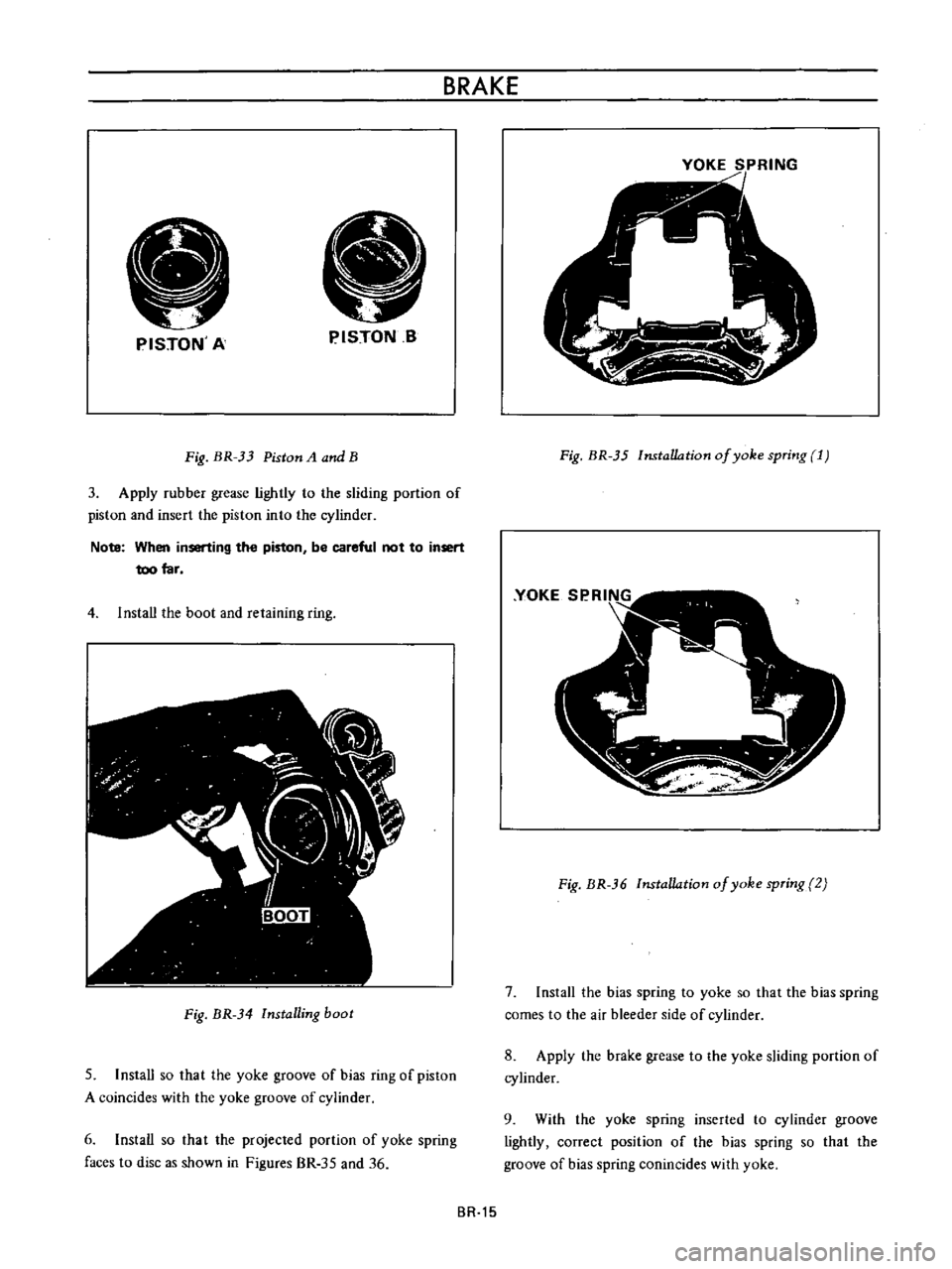 DATSUN B110 1973  Service Repair Manual 
BRAKE

i 
f

F

PISTON 
A 
PISTON 
S

Fig 
BR 
33

Piston 
A 
and 
B

3

Apply 
rubber

grease 
lightly 
to 
the

sliding 
portion 
of

piston 
and 
insert 
the

piston 
into 
the

cylinder

Note 
Wh