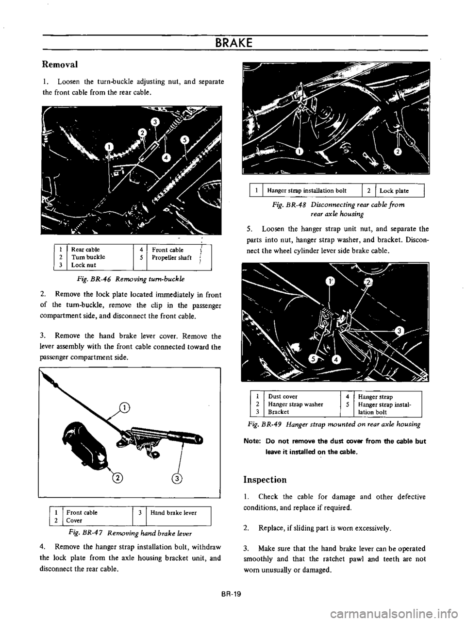 DATSUN B110 1973  Service Repair Manual 
Removal

Loosen 
the 
turn
buckle

adjusting 
nut 
and

separate

the 
front 
cable

from 
the 
rear

cable

1

Rear 
cable

2 
Turn 
buckle

3 
Lock

nut 
4 
Front 
cable

5

Propeller 
shaft

Fig 
