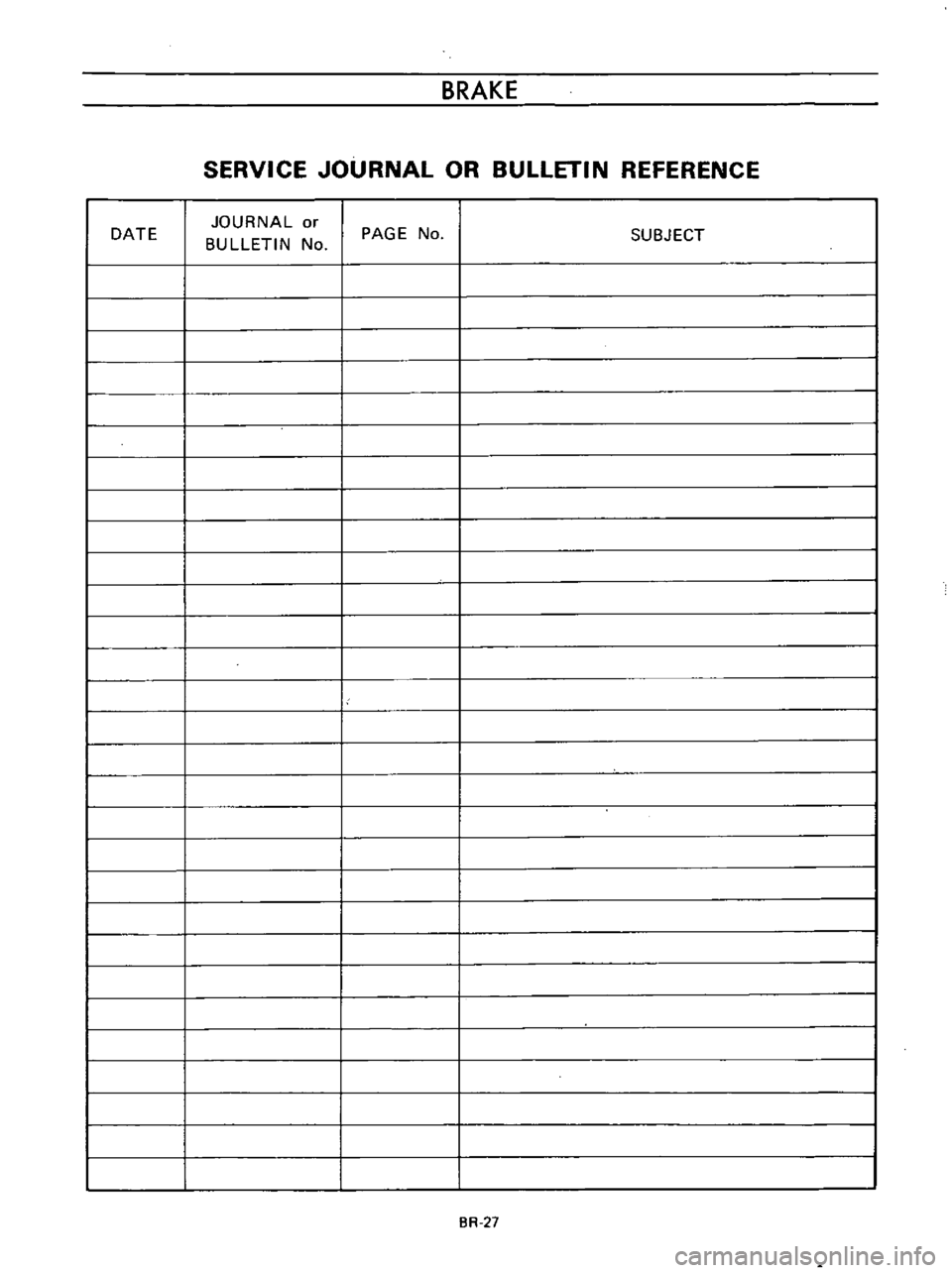 DATSUN B110 1973  Service Repair Manual 
DATE 
BRAKE

SERVICE 
JOURNAL 
OR 
BUllETIN

REFERENCE

JOURNAL 
or

BULLETIN 
No 
PAGE 
No

SUBJECT

BR 
27 