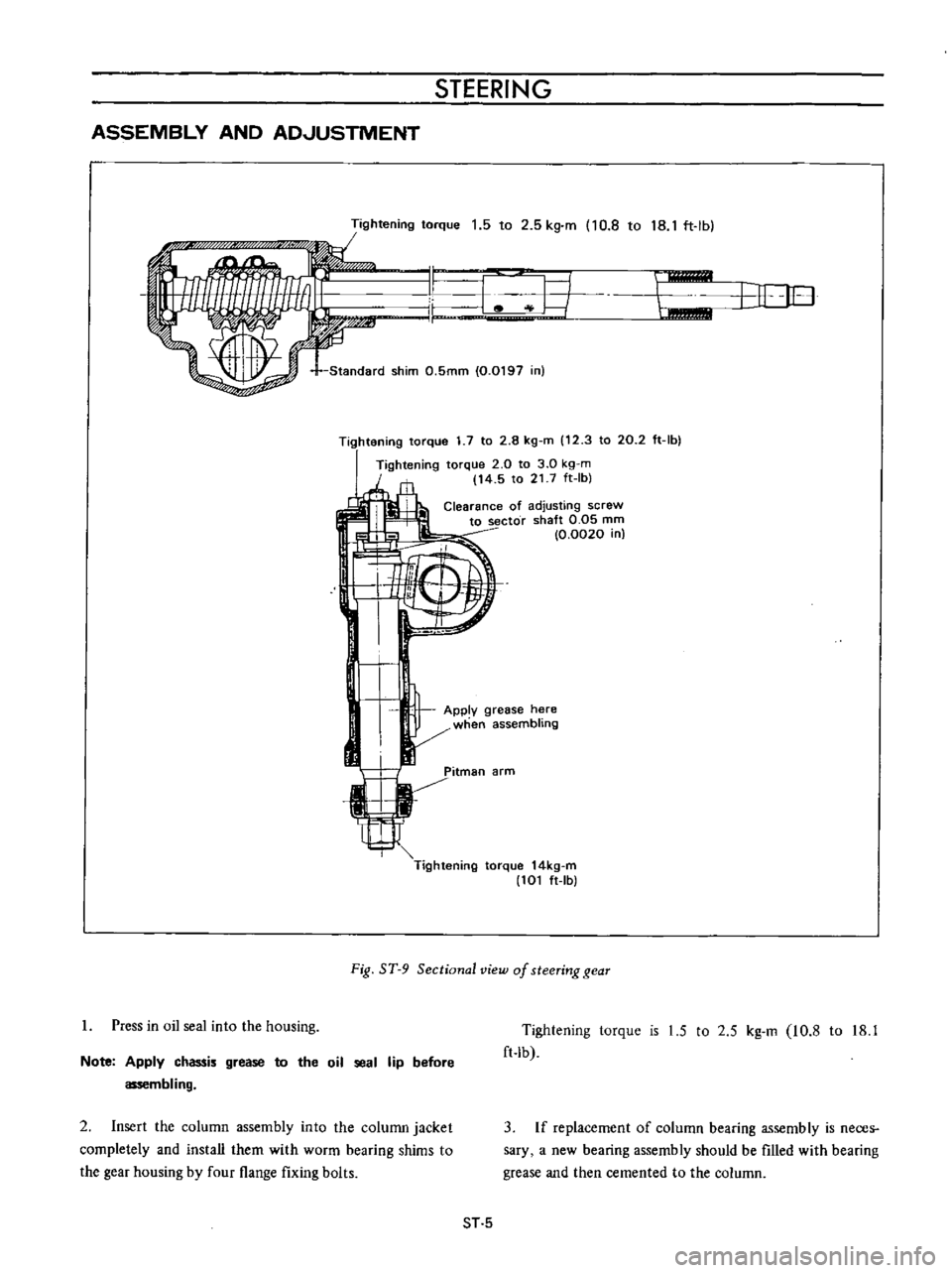 DATSUN B110 1973  Service Repair Manual 
STEERING

ASSEMBLY 
AND

AD
JUSTMENT

Tightening 
torque 
1 
5 
to 
2 
5

kg 
m

110 
8 
to 
18 
1

ft 
lb

II

1 
r 
I 
II

U
J

Standard 
shim 
O 
5mm 
0

0197 
in

1

Press 
in 
oil 
seal

into 
t