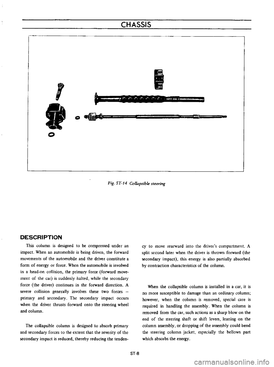 DATSUN B110 1973  Service Repair Manual 
CHASSIS

I 
l 
I

I

2

fa

r

o

Fig 
ST 
14

Collapsible 
steering

DESCRIPTION

This 
column 
is

designed 
to 
be

compressed 
under 
an

impact 
When

an 
automobile 
is

being 
driven 
the 
for