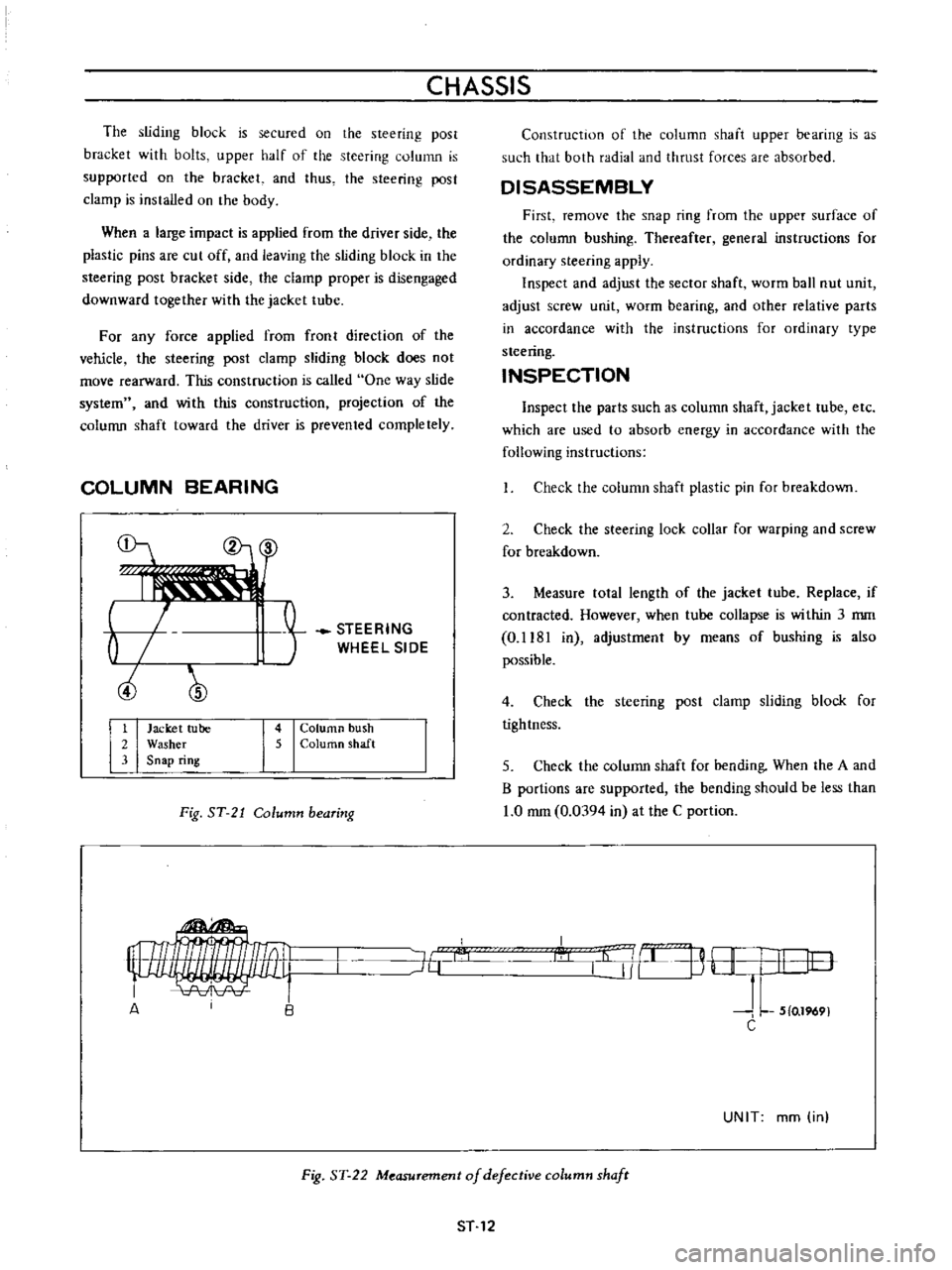 DATSUN B110 1973  Service Repair Manual 
CHASSIS

The

sliding 
block 
is 
secured 
on 
the

steering

post

bracket 
with

bolts

upper 
half 
of 
the

steering 
column 
is

supported 
on 
the

bracket 
and 
thus 
the

steering 
post

clam