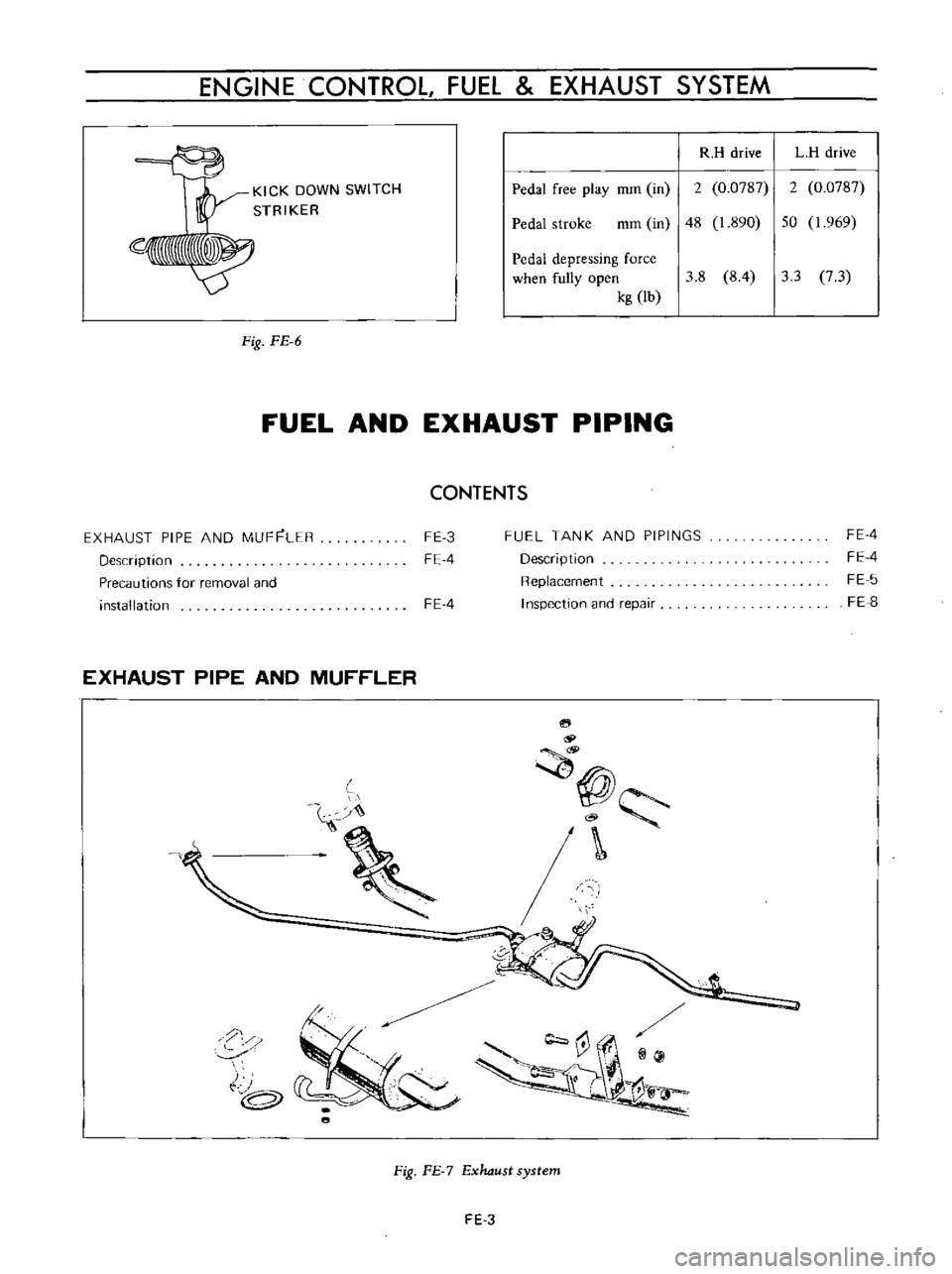 DATSUN B110 1973  Service Repair Manual 
ENGINE 
CONTROL 
FUEL 
EXHAUST 
SYSTEM

R 
H 
drive 
L 
H 
drive

KICK 
DOWN 
SWITCH

STRIKER 
Pedal 
free

play 
mrn 
in 
2 
0 
0787 
2

0 
0787

Pedal 
stroke

mm 
in 
48 
1 
890 
50 
1

969

Pedal
