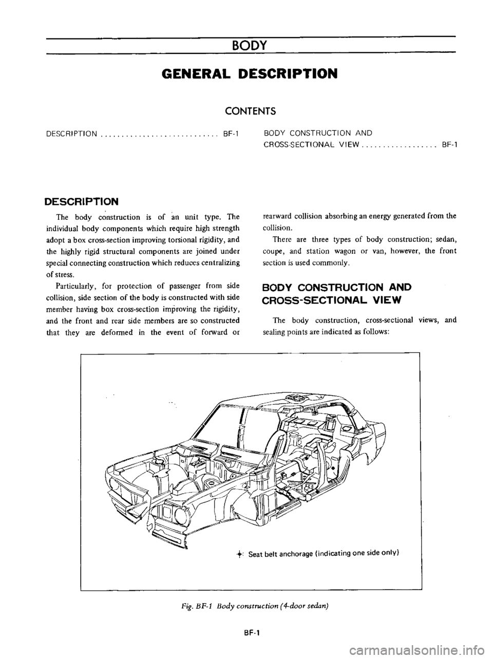 DATSUN B110 1973  Service Repair Manual 
BODY

GENERAL

DESCRIPTION

CONTENTS

DESCRIPTION 
BF 
1

DESCRIPTION

The

body 
construction 
is 
of

an 
unit

type 
The

individual

body

components 
which

require 
high 
strength

adopt 
a

bo