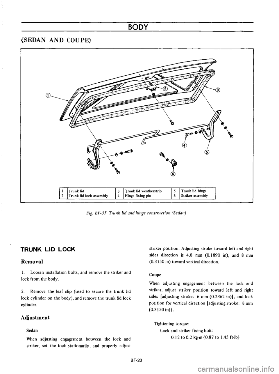 DATSUN B110 1973  Service Repair Manual 
BODY

SEDAN 
AND

COUPE

CD 
@

h

r

1

@

@

II 
I 
Trunk 
lid

2 
Trunk 
lid 
lock

assembly

13 
I 
Trunk 
lid

weatherstrip

4

Hinge

fixing 
pin 
15 
I 
Trunk 
lid

hinge

6 
Striker

assembly