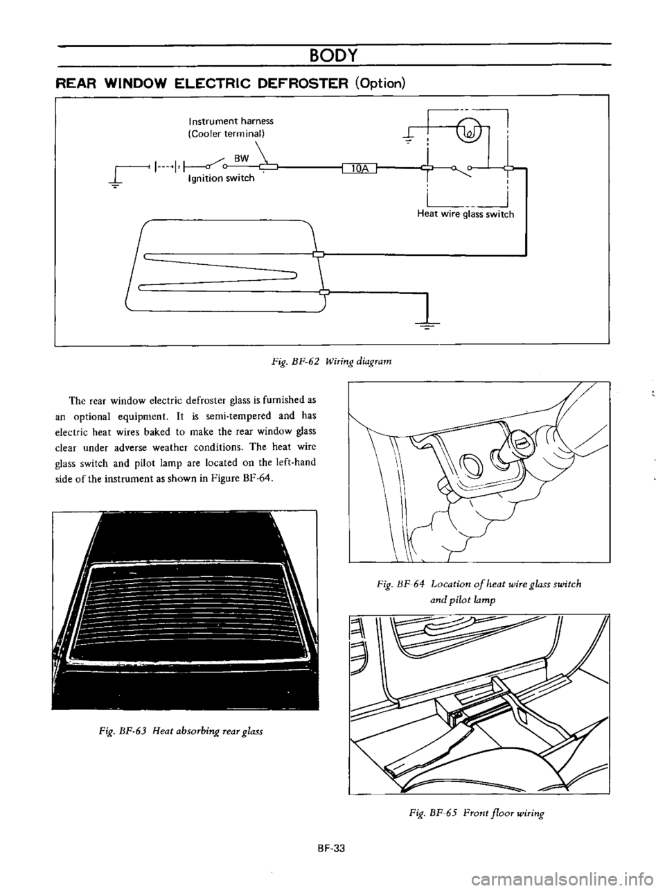 DATSUN B110 1973  Service Repair Manual 
BODY

REAR 
WINDOW 
ELECTRIC

DEFROSTER

Option

J 
Instrument 
harness

Cooler 
terminal

J

1 
1 
c 
BW

Ignition 
switch 
I 
lOA 
@

hi

u

Heat 
wire

glass 
switch

T

Fig 
BF 
62

Wiring 
diagr