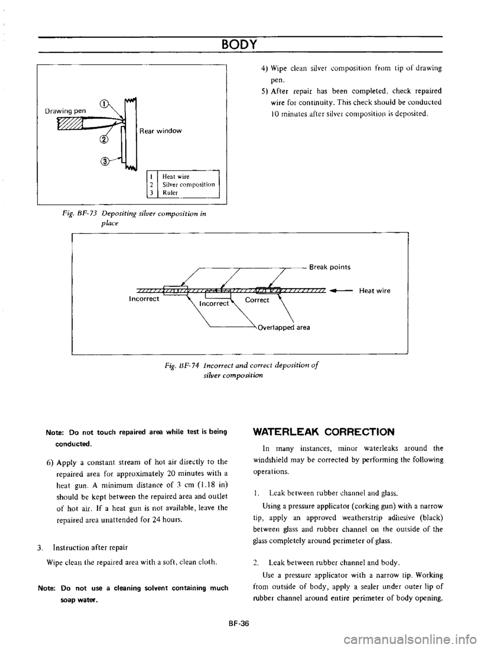 DATSUN B110 1973  Service Repair Manual 
Drawing

pen

ri 
Rear 
window

L

Ii
r

Heat 
wire

2 
Silver

Imposition

3 
Ruler

Fig 
BF 
73

Depositi 
rg 
silver

composition 
in

place 
BODY

4

Wipe 
clean 
silver

umposition 
trom

tip 
o