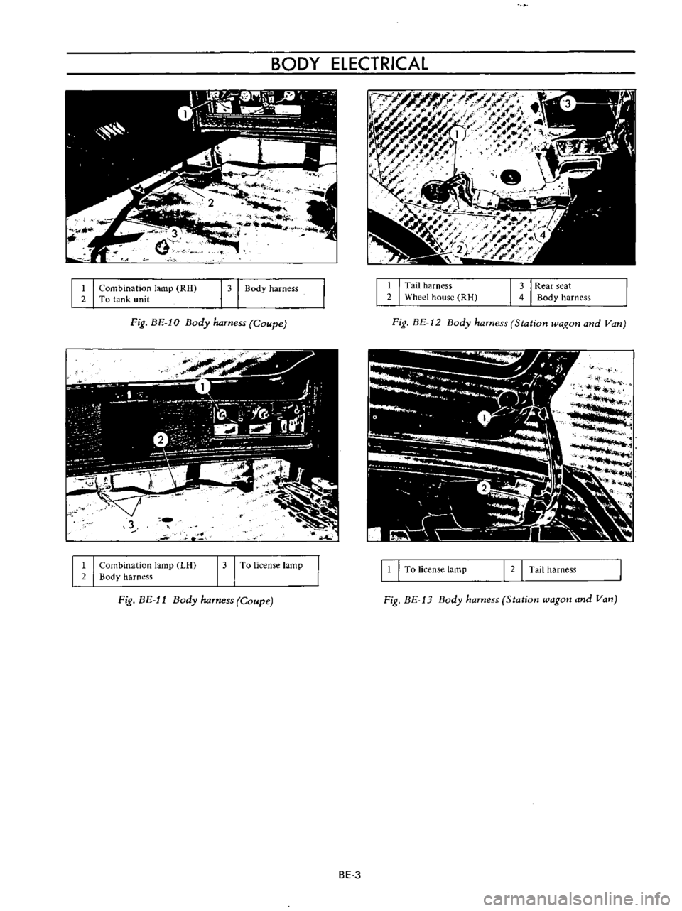 DATSUN B110 1973  Service Repair Manual 
BODY 
ELECTRICAL

I 
I 
Combination

lamp 
RH

To 
tank 
unit

131 
Body 
harness

Fig 
BE 
10

Body 
harness

Coupe

1

I 
Combination

lamp 
LH

2

Body 
harness

I 
J

I 
To 
license

lamp

Fig 
B