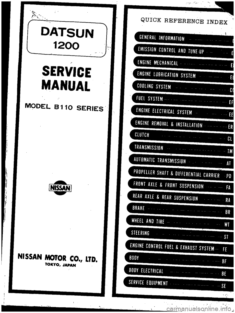 DATSUN B110 1973  Service Repair Manual 
QUICK 
REFERENCE 
INDEX

j

DATSUN

1200

SERVICE

MANUAl

MODE 
B 
110 
SERIES

I

Nf

i

l

I

I

N 
SSAM 
M0101l 
CO 
tD

TOI 
O 
JAPAN 