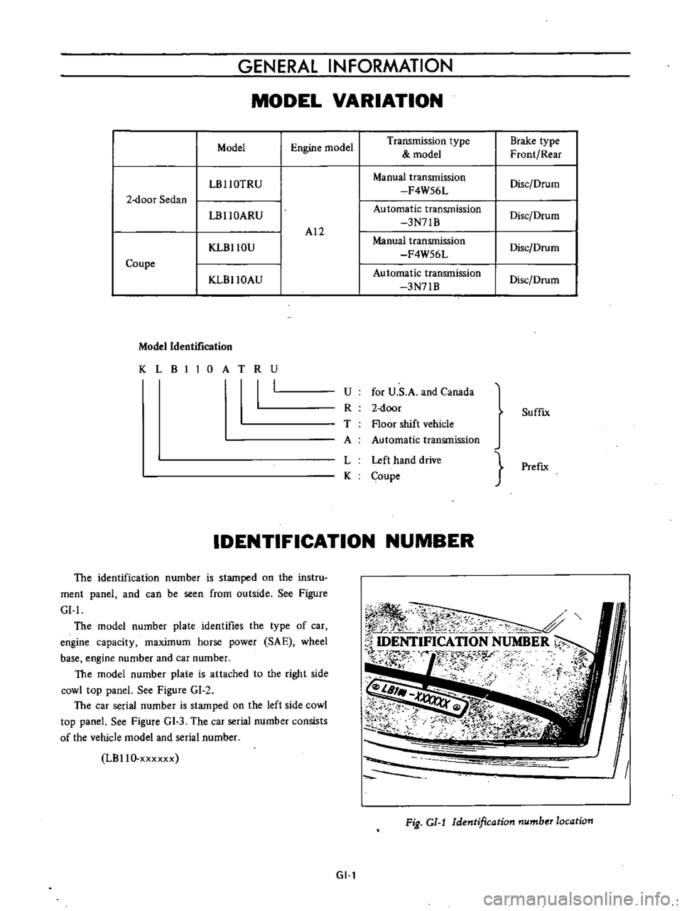 DATSUN B110 1973  Service Repair Manual 
GENERAL 
INFORMATION

MODEL 
VARIATION

Model

Engine 
model 
Transmission

type 
Brake

type

model 
Front 
Rear

LBllOTRU 
Manual 
transmission

Disc 
Drum

F4W56L

2 
door

Sedan

LBllOARU 
Automa